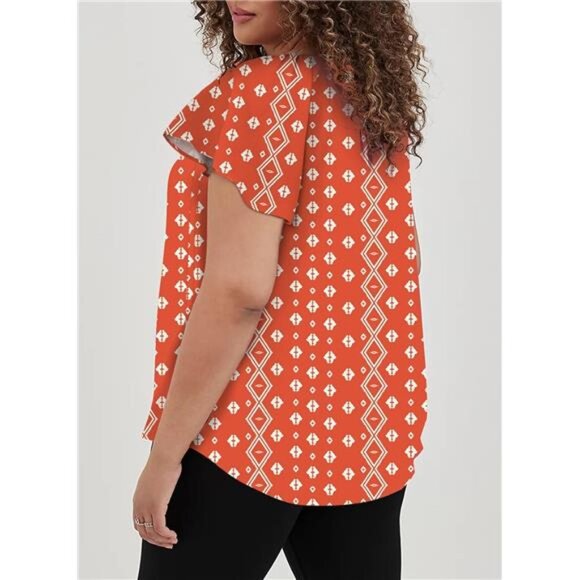 Women Plus Size Tops Boho Printed V Neck Short Sleeve Drawstring Casual Chiffon - Picture 2 of 6